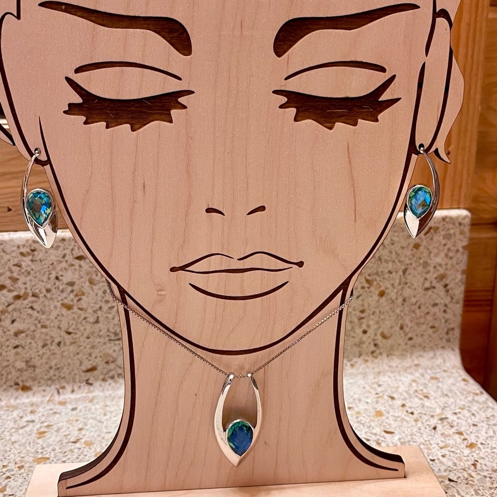 Stunning! Caribbean Blue Green Quartz Pendant & Earrings Set Sterling Silver - Picture 3 of 14